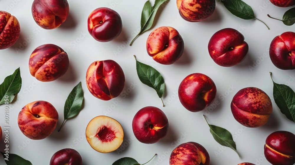 Flat Lay of Nectarines and Green Leaves Flat Lay of Nectarines and Green Leaves