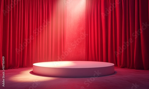 3D illustration portraying a white podium positioned on a stage under a spotlight, set against a backdrop of red curtains, creating a dramatic ambiance for presentations or performances