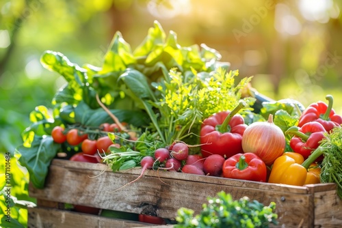 Fresh Organic Vegetables in Wooden Box at Sunrise