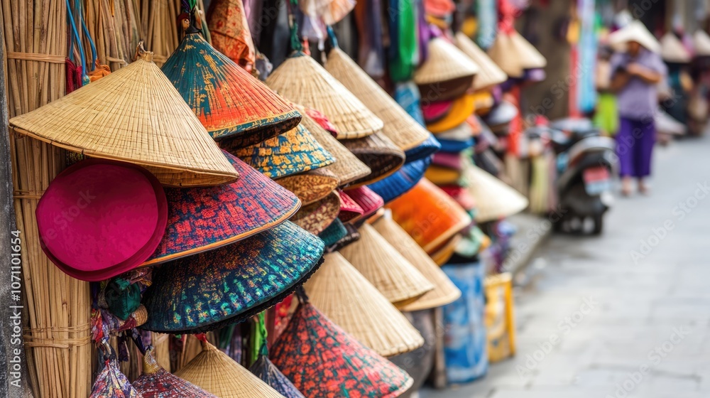 Fototapeta premium Colorful Hats on Display in Vibrant Marketplace