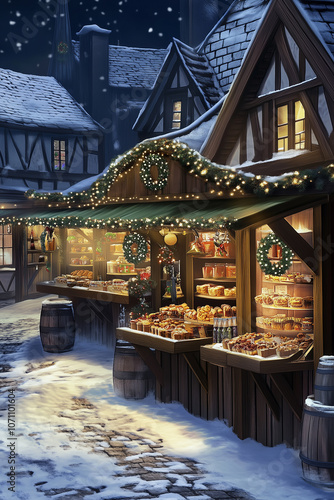 A winter scene with a Christmas market with a Christmas tree in the background