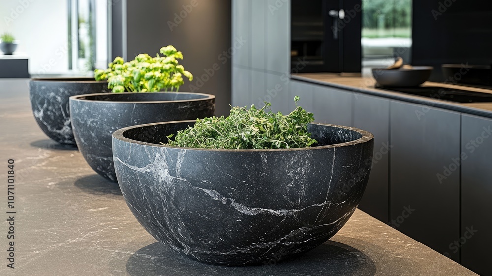 Elegant Black Bowls with Fresh Herbs on Modern Countertop Elegant Black Bowls with Fresh Herbs on Modern Countertop