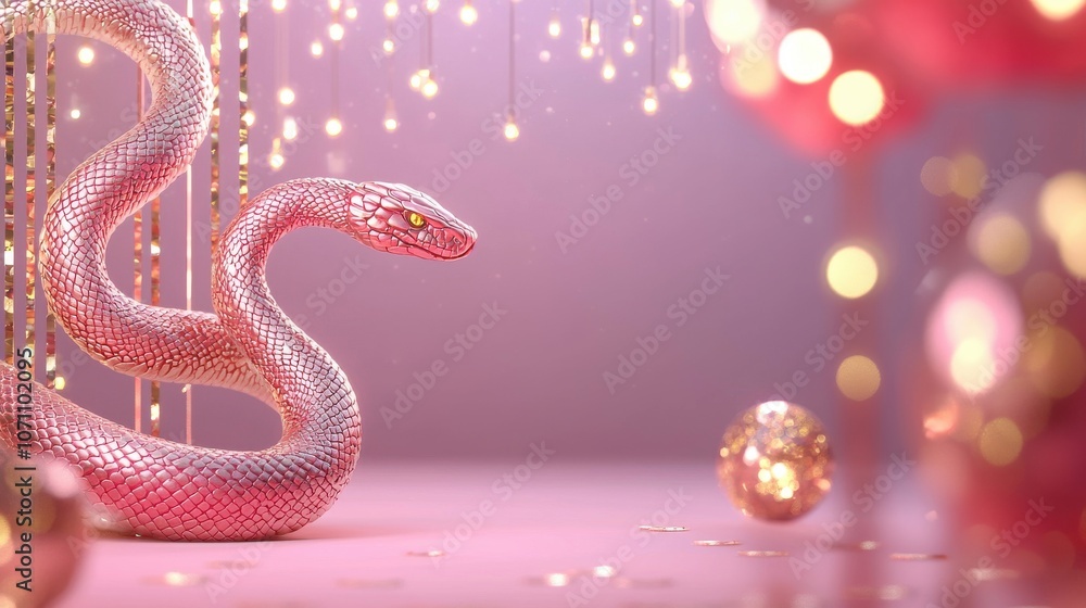 Fototapeta premium Coiled Snake with Red and Gold Accents
