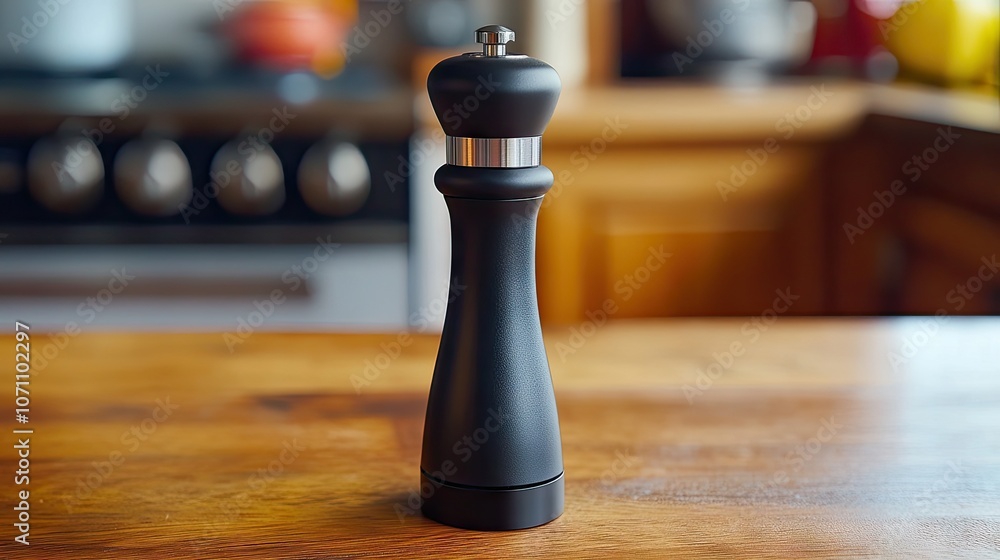 Elegant Black Pepper Mill on Kitchen Counter Elegant Black Pepper Mill on Kitchen Counter