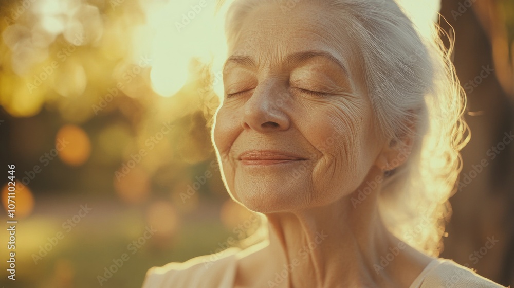 Serene Sunrise: Elderly Woman Expressing Contentment Serene Sunrise: Elderly Woman Expressing Contentment
