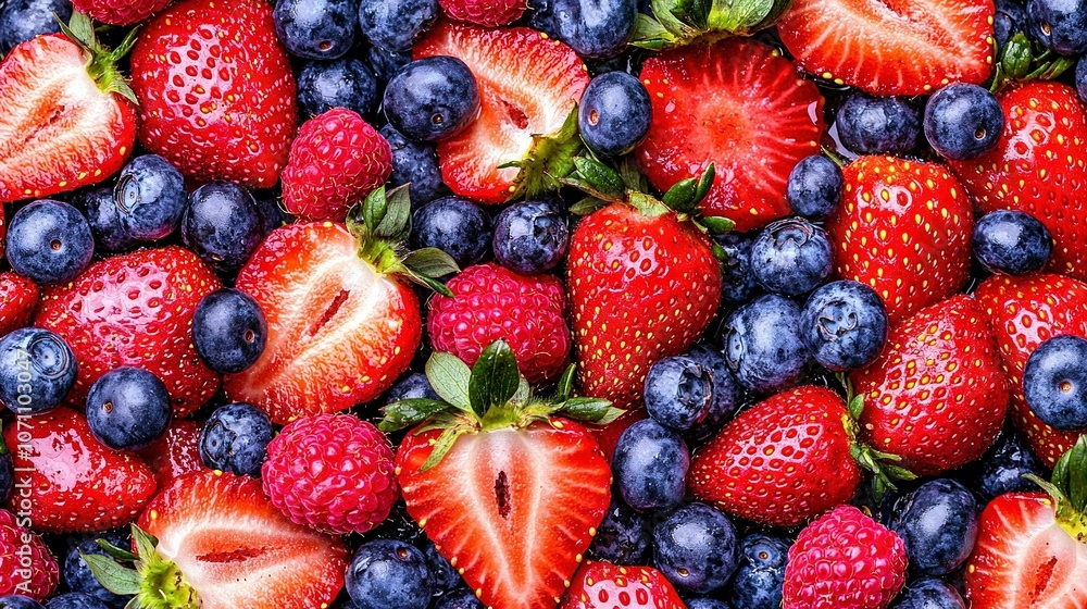 Obraz premium Strawberries, blueberries, and raspberries form a square arrangement