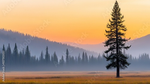  A solitary pine tree towers over a field of tall pines, silhouetted against the setting sun