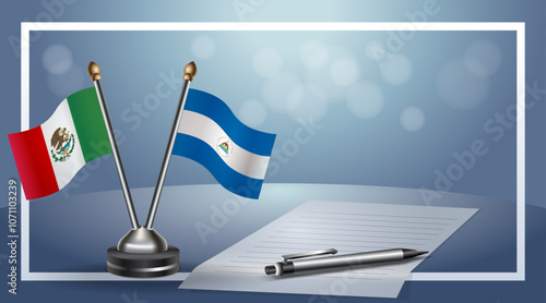 Mexico and Nicaragua Small national flag on bokeh background, cooperative relationship