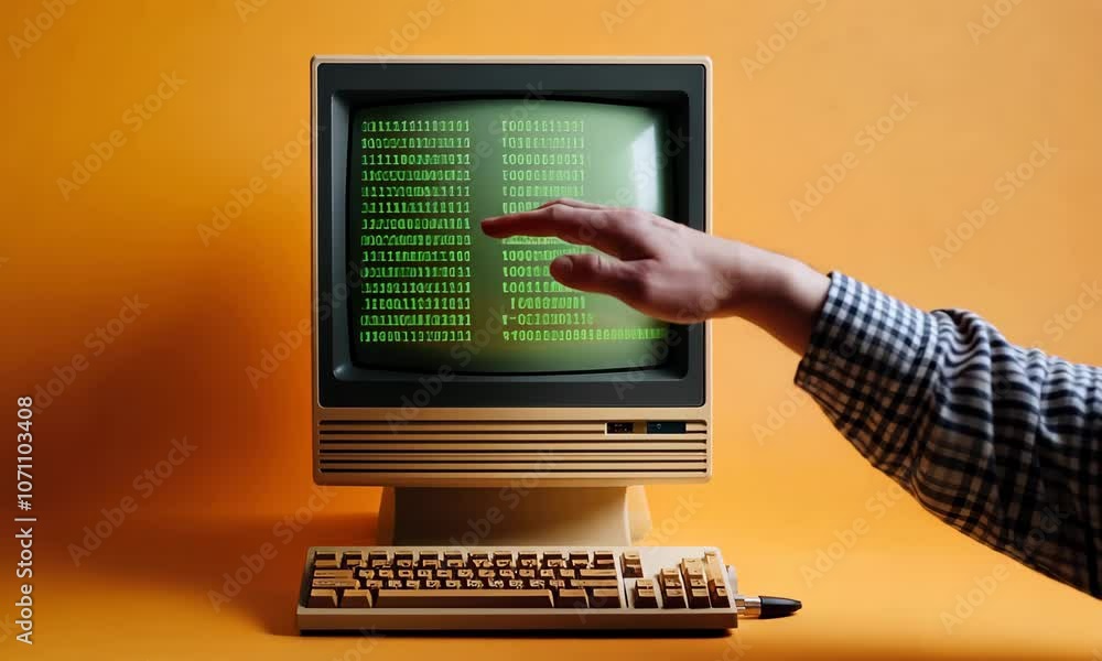 Retro personal computer or PC with loading code console, programmer ...