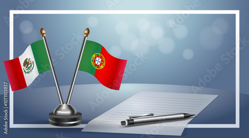 Mexico and Portugal Small national flag on bokeh background, cooperative relationship