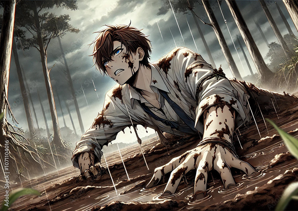 Obraz premium 泥沼にはまってしまい抜け出そうと必死にもがいている男性のAI生成イラスト