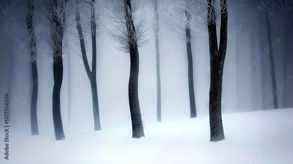 A dense cluster of barren trees amidst a hazy woodland A dense cluster of barren trees amidst a hazy woodland