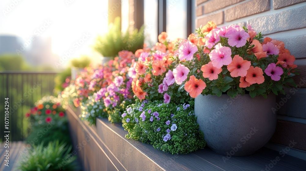 A small urban balcony with flower pots of petunias and ferns, all detailed in 4K. A small urban balcony with flower pots of petunias and ferns, all detailed in 4K.
