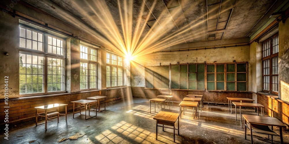 Rays of light falling through the windows of an abandoned school classroom , abandoned, school, empty, disturbing, mood, dark Rays of light falling through the windows of an abandoned school classroom , abandoned, school, empty, disturbing, mood, dark