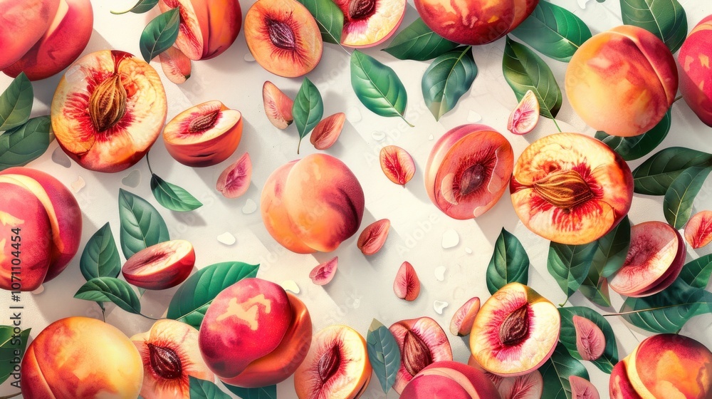 Fresh Peaches and Leaves on a White Surface Fresh Peaches and Leaves on a White Surface