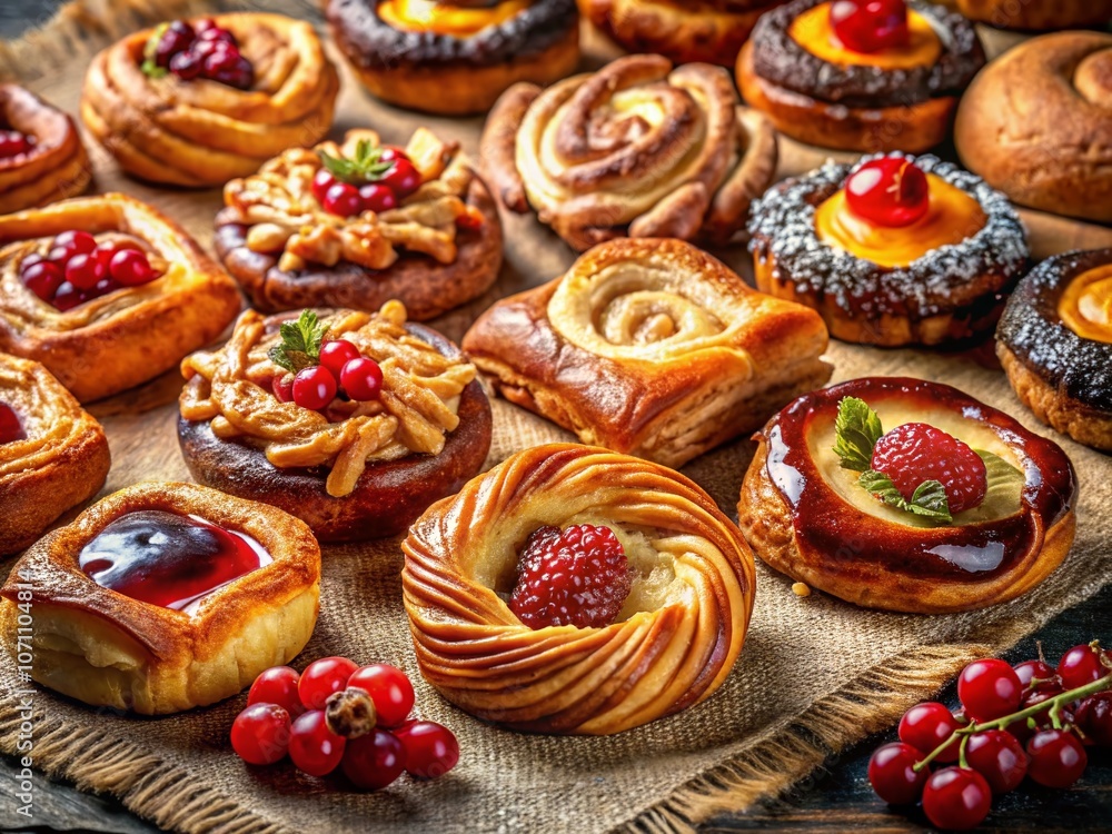 custom made wallpaper toronto digitalNight Photography of Assorted Danish Pastries with Unique Toppings and Textures Displayed on a Cloth, Showcasing the Artistry and Diversity of Baked Goods for Food Lovers