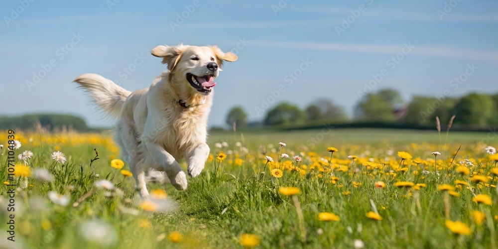 Cute happy dog running in flower field of dandelions and daisies with a sky background. Cute happy dog running in flower field of dandelions and daisies with a sky background.