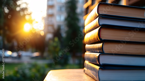 A stack of books is sitting on a table in front of a building