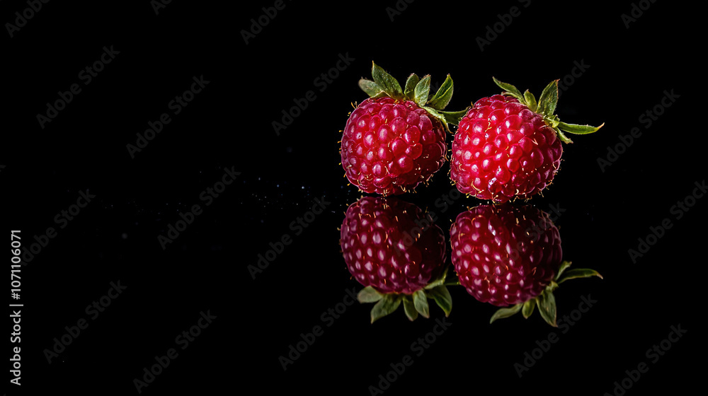 Three raspberries resting on a dark background with a mirrored image above Three raspberries resting on a dark background with a mirrored image above