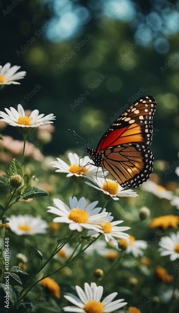 A group of striking butterflies dances gracefully around blooming flowers in a colorful garden. The bright blossoms create a lively atmosphere under the warm sunlight. Generative AI A group of striking butterflies dances gracefully around blooming flowers in a colorful garden. The bright blossoms create a lively atmosphere under the warm sunlight. Generative AI