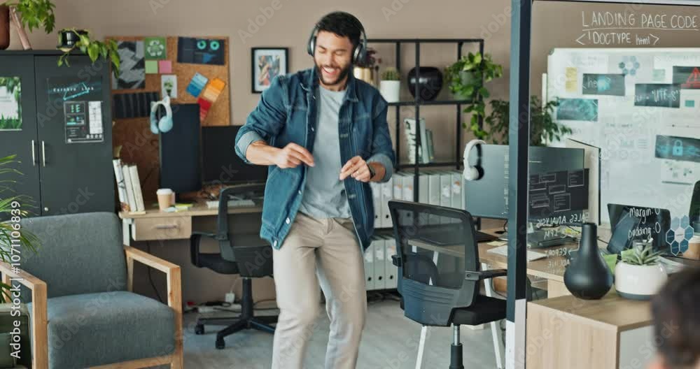 Programmer, happy and dance in office to achievement, good mood and positive energy at tech. Man, web developer and excited in agency with music, computer and celebration for successful code run Programmer, happy and dance in office to achievement, good mood and positive energy at tech. Man, web developer and excited in agency with music, computer and celebration for successful code run