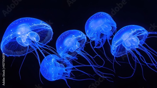 Ethereal Glow of Plankton in Dark Underwater Cave photo