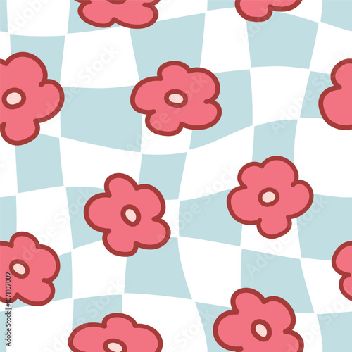 Seamless pattern cartoon of cute red flowers in a hand drawn style and blue groovy checkered, Sweet pastel colors. Pattern design for fabric, wrapping paper, wallpaper and fashion prints.