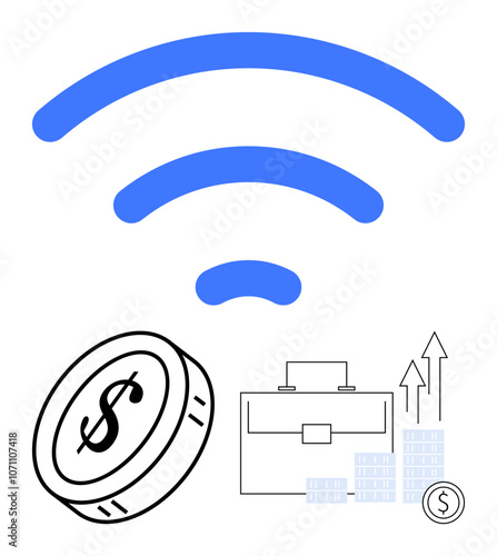 wireless symbol above coin, business briefcase, and rising graph with dollar sign. Ideal for finance, investment, online business, networking, digital economy connectivity data exchange. Line