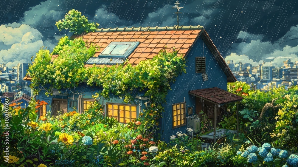 A small blue house with a lush garden on the roof, illuminated by warm light, amidst a rainy night with city skyline in the background. A small blue house with a lush garden on the roof, illuminated by warm light, amidst a rainy night with city skyline in the background.