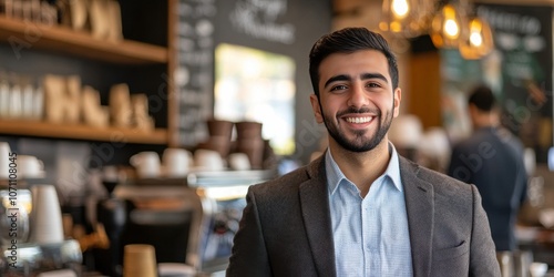 Confident Young Man Smiling in a Modern Coffee Shop Setting