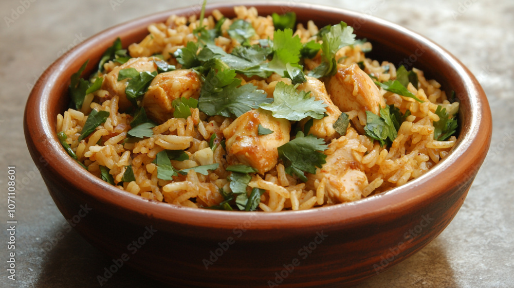Chicken and Rice Dish with Cilantro in a Clay Bowl Chicken and Rice Dish with Cilantro in a Clay Bowl