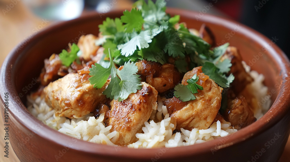 Chicken and Rice Dish with Cilantro Garnish Asian Cuisine Food Photography Chicken and Rice Dish with Cilantro Garnish Asian Cuisine Food Photography