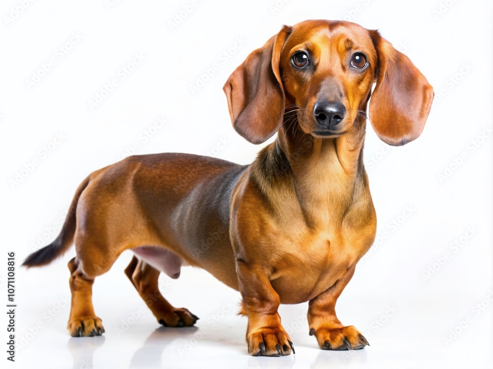 Panoramic View of a Playful Dachshund Dog Standing Proudly on a White Background, Capturing the Charm and Personality of This Beloved Breed in a Stunning Wide-Angle Shot Panoramic View of a Playful Dachshund Dog Standing Proudly on a White Background, Capturing the Charm and Personality of This Beloved Breed in a Stunning Wide-Angle Shot