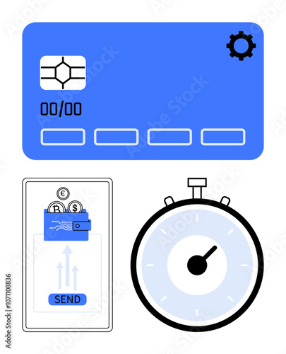 Credit card, mobile transaction interface, and stopwatch present the theme of fast and secure digital payments. Ideal for financial technology, online transactions, cybersecurity, e-commerce, time