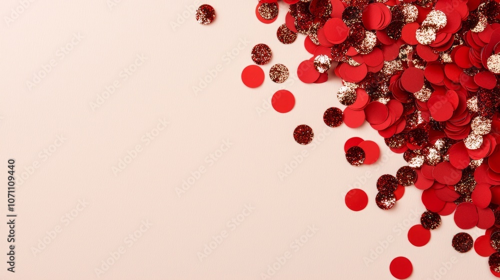 A vibrant arrangement of red and metallic confetti scattered on a light background, perfect for celebrations and festive occasions. A vibrant arrangement of red and metallic confetti scattered on a light background, perfect for celebrations and festive occasions.
