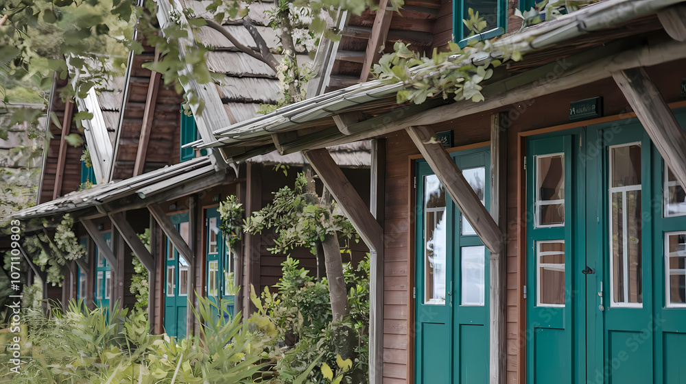 Fototapeta premium Charming wooden cottages with green doors and thatched roofs, surrounded by lush greenery, offering a cozy and inviting atmosphere for a peaceful retreat in nature.