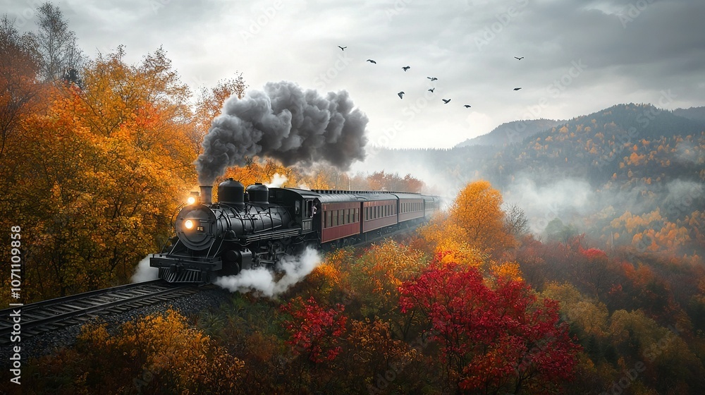 A train emitting smoke travels through a lush forest of vibrant foliage A train emitting smoke travels through a lush forest of vibrant foliage