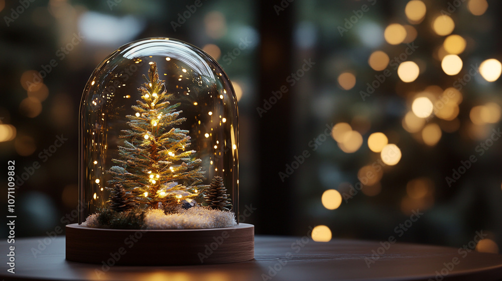 Illuminated Christmas Tree Miniature in Glass Dome on Wooden Tabletop Illuminated Christmas Tree Miniature in Glass Dome on Wooden Tabletop