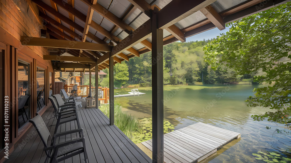 Scenic view from a lakeside deck featuring comfortable chairs, lush greenery, and calm waters, perfect for relaxation and enjoying nature's tranquility. Ideal for vacation getaways. Scenic view from a lakeside deck featuring comfortable chairs, lush greenery, and calm waters, perfect for relaxation and enjoying nature's tranquility. Ideal for vacation getaways.