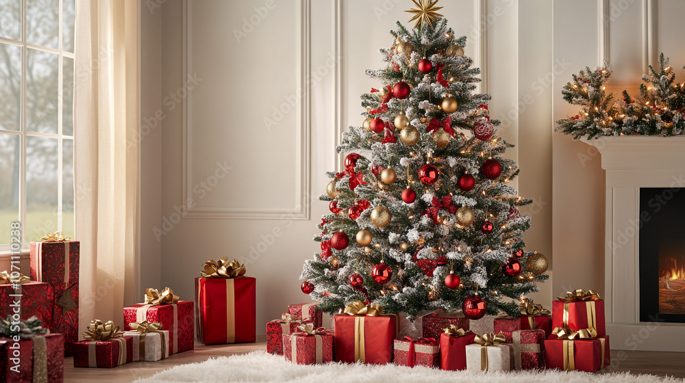 Decorated Christmas Tree with Gifts Fireplace and Snow Flocked Branches Decorated Christmas Tree with Gifts Fireplace and Snow Flocked Branches