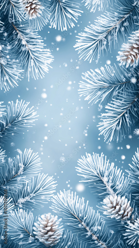 Delicate frost-kissed pine branches in a serene turquoise backdrop, perfect for winter-themed greetings or holiday invitations, evoking peace and tranquility. Delicate frost-kissed pine branches in a serene turquoise backdrop, perfect for winter-themed greetings or holiday invitations, evoking peace and tranquility.