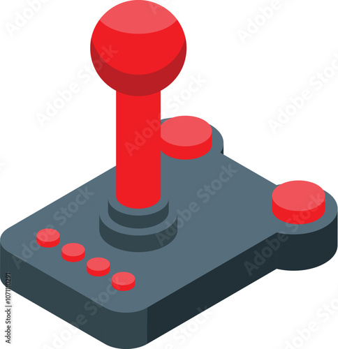 Isometric view of a retro joystick with red buttons and a gray base, evoking nostalgia for classic video games