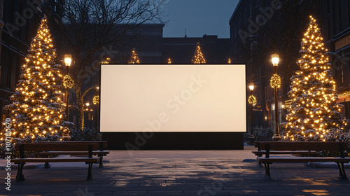 Blank Billboard Christmas Lights Snowy City Night