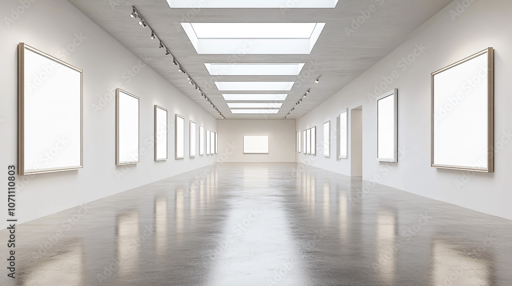 Empty Gallery Hallway with Blank Frames and Track Lighting Empty Gallery Hallway with Blank Frames and Track Lighting