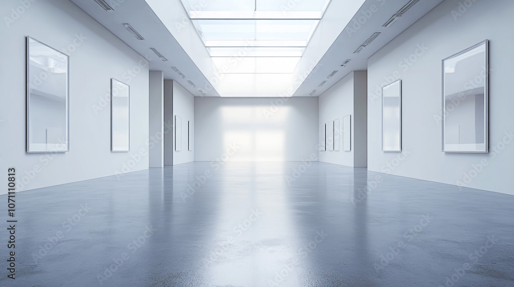 Empty Gallery with Skylight and Picture Frames Modern Interior Design Minimalist Art Exh Empty Gallery with Skylight and Picture Frames Modern Interior Design Minimalist Art Exh