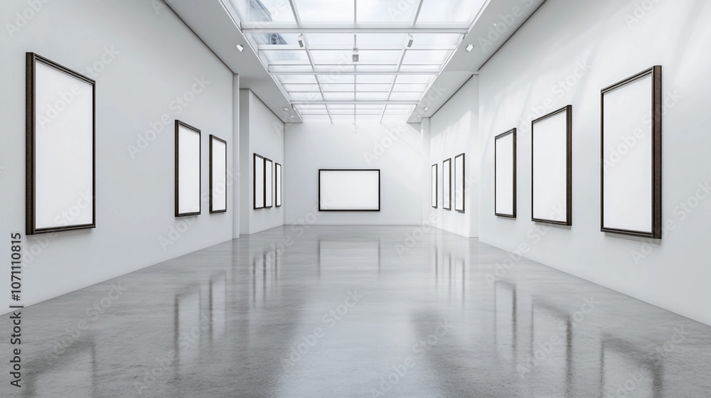 Empty Gallery Room with White Walls and Glass Ceiling for Art Exhibition Empty Gallery Room with White Walls and Glass Ceiling for Art Exhibition