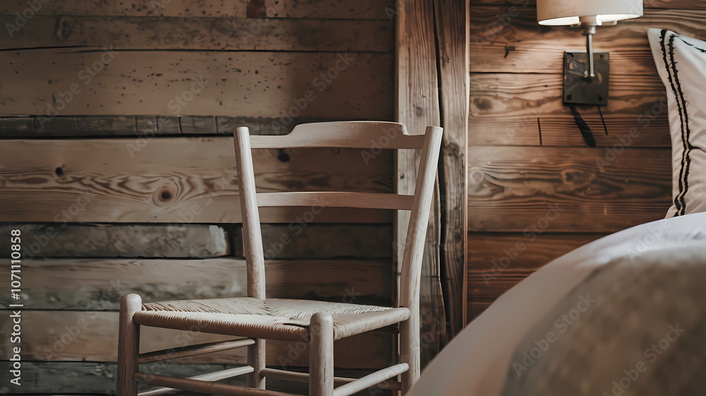 Cozy bedroom featuring a rustic wooden chair beside a neatly made bed, with a warm wall lamp illuminating the inviting space, perfect for relaxation. Cozy bedroom featuring a rustic wooden chair beside a neatly made bed, with a warm wall lamp illuminating the inviting space, perfect for relaxation.