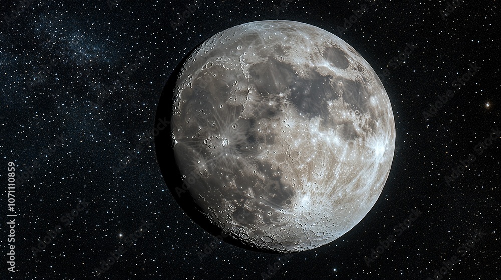 Fototapeta premium A close-up of an enormous moon against a backdrop of stars in the sky and in the foreground