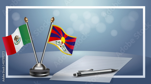 Mexico and Tibet Small national flag on bokeh background, cooperative relationship