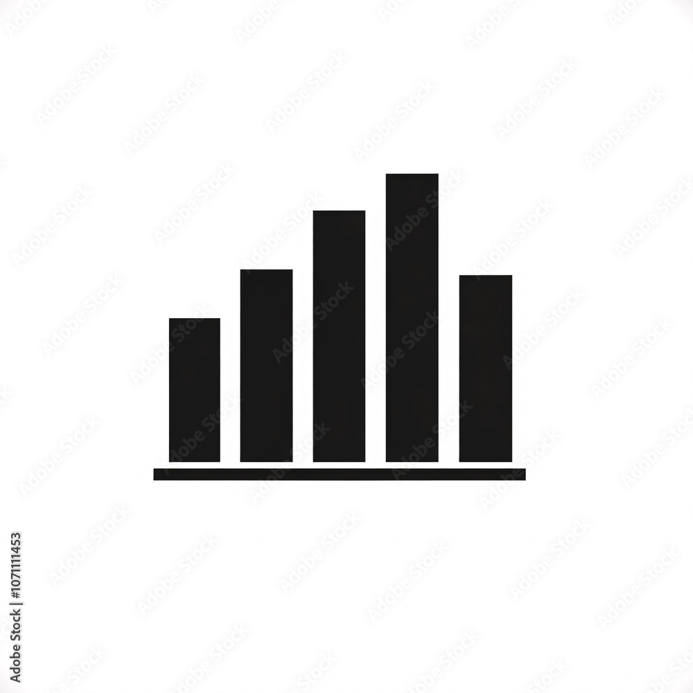 A simple black bar graph representing data trends with varying heights, illustrating an upward or fluctuating progression.